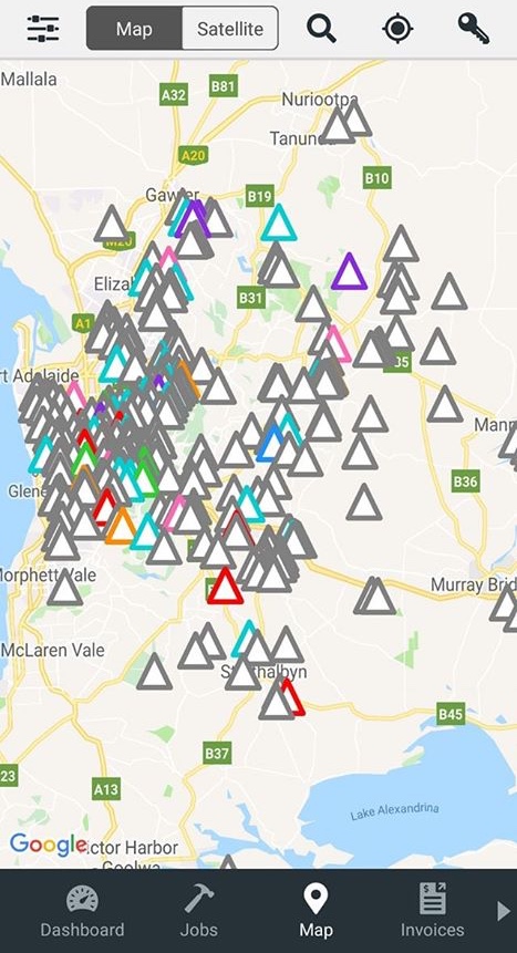 A map in the Tradify app showing All Areas Electricals many jobs