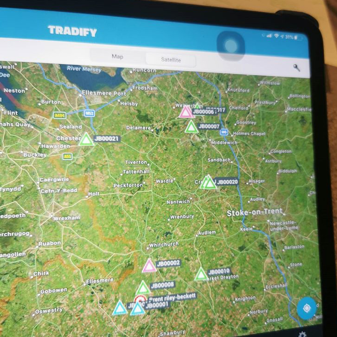 Plush Electrical using Tradify's built in map. The screen shows a map of Stoke-on-Trent and where Plush's jobs are located on the map.