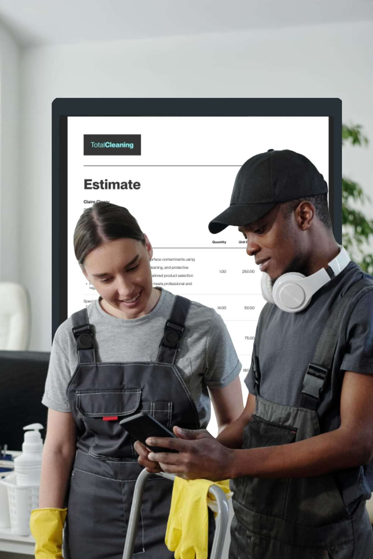 two cleaners looking at an estimate on their phone