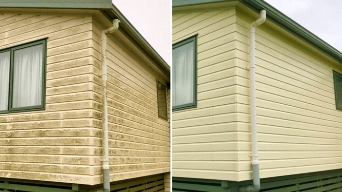 before and after shot of the exterior of a weather board house after cleaning