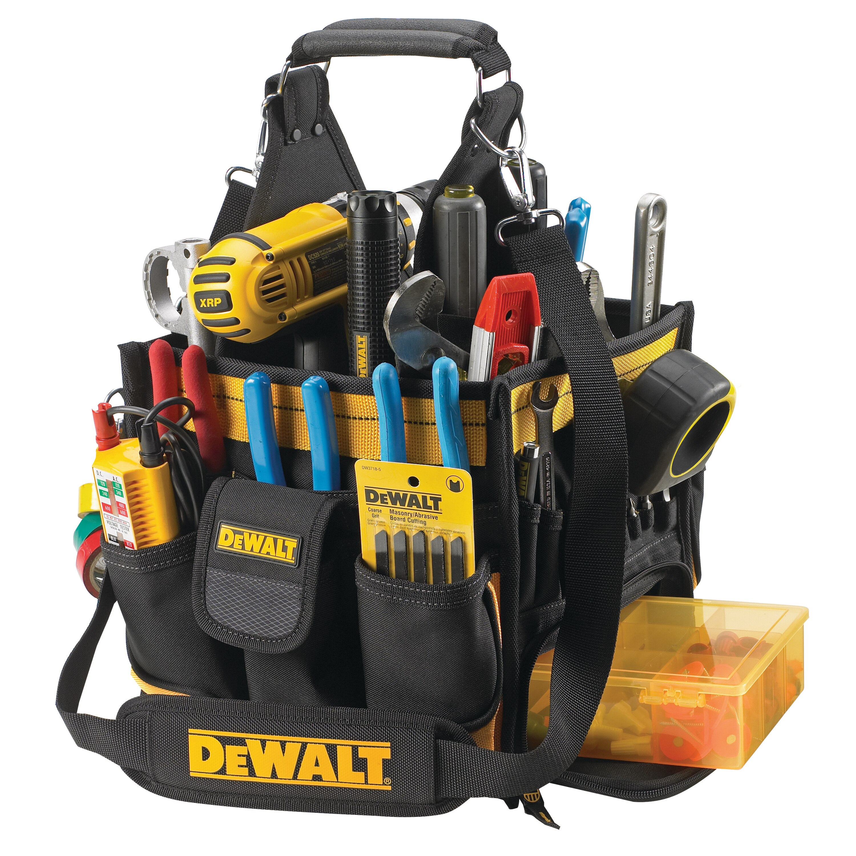 DeWALT DGL573 Lighted Technician’s Tool Bag full of tools