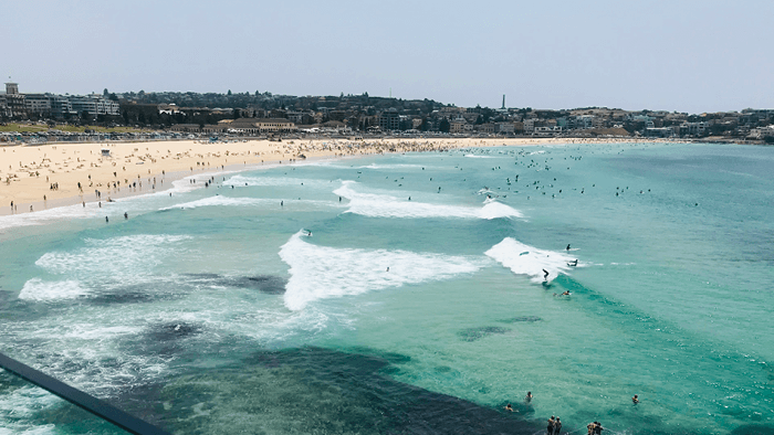 distant shot of the ocean with waves crashing in