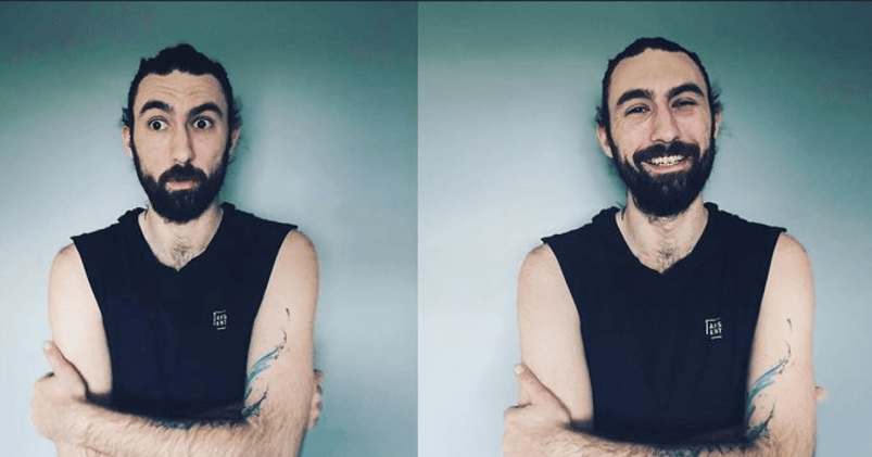 Two photos of Mik side by side, on the left he looks confused and on the right he is laughing