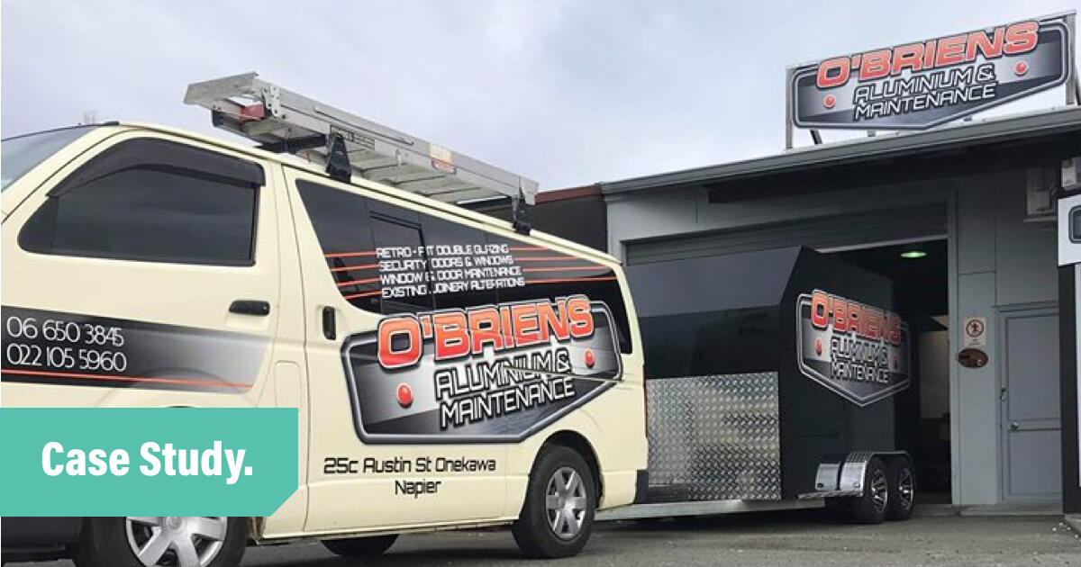 The O'Briens Aluminium van with a ladder on it's roof and a trailer attached. Overlayed with the words Case Study.