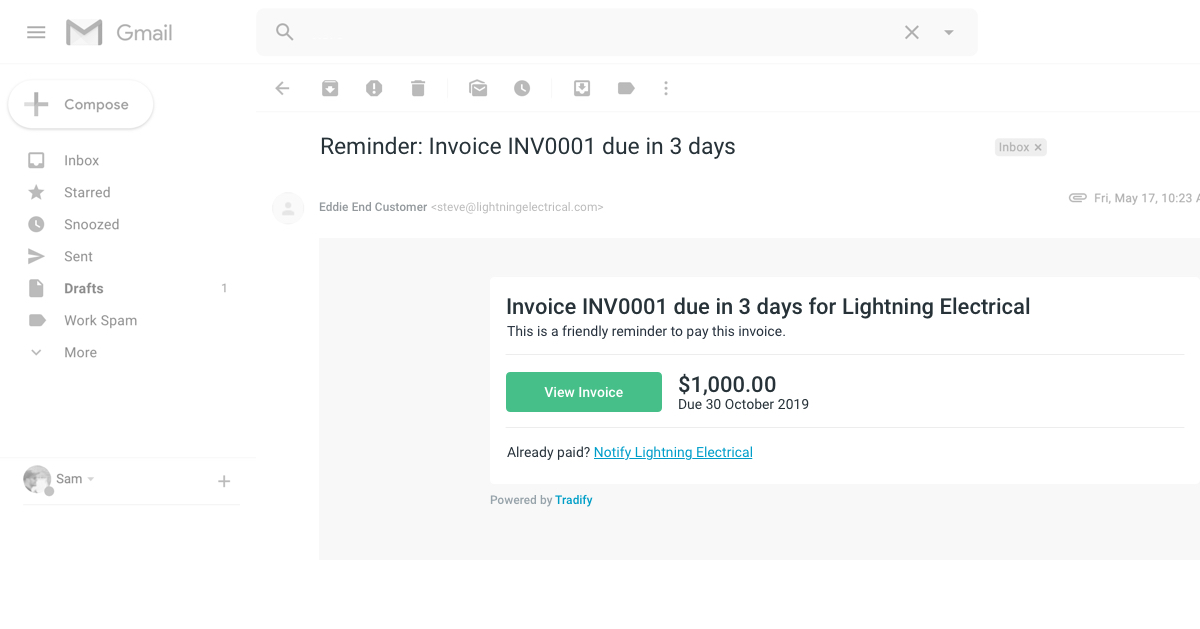 Tradify Invoice Email Reminder