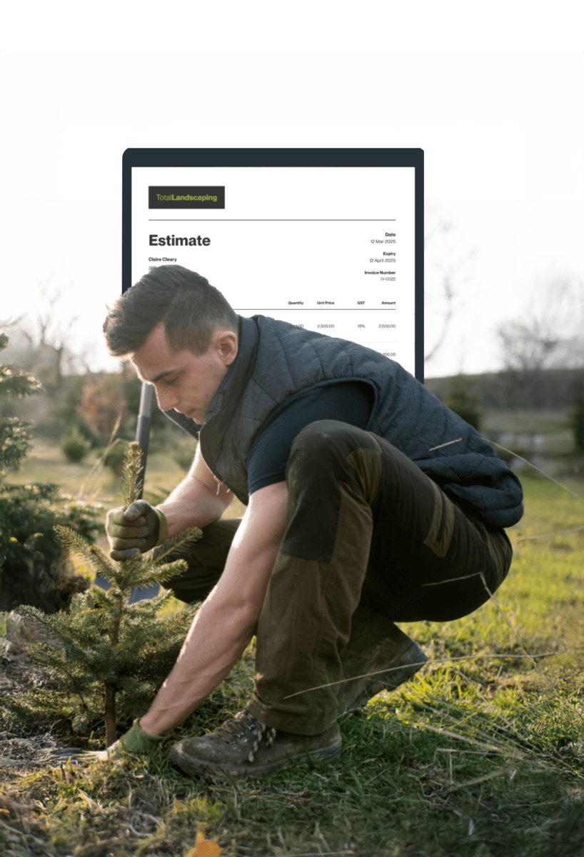landscaper with estimate floating behind him