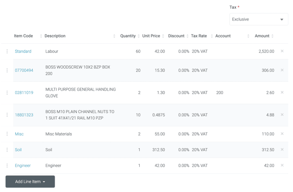 invoice line items tradify